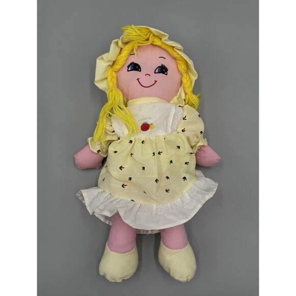 Yellow Haired Rag Cloth Doll In Dress & Bonnet Tomato On Dress 12” READ DETAILS - Picture 3 of 8